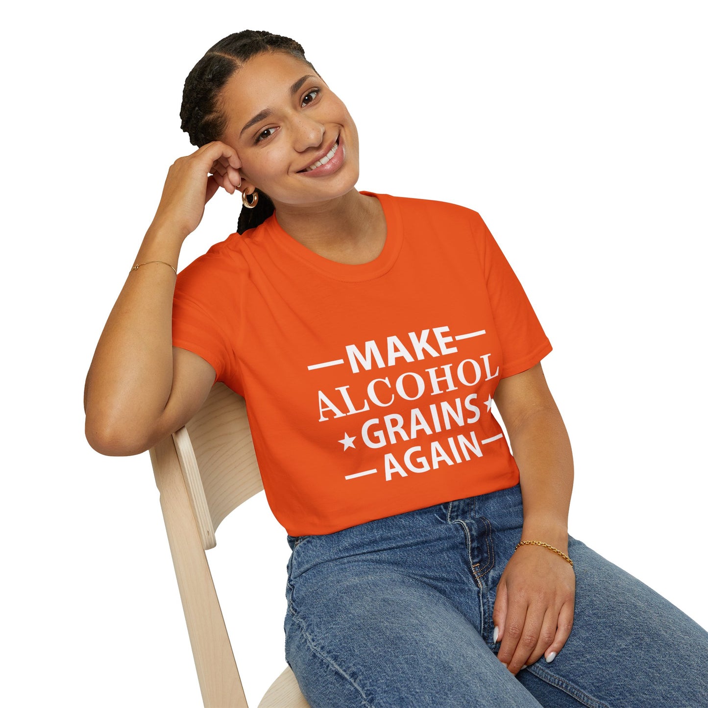Make Alcohol Grains Again Parody Moonshine & Home Distilling Softstyle Tee T-Shirt