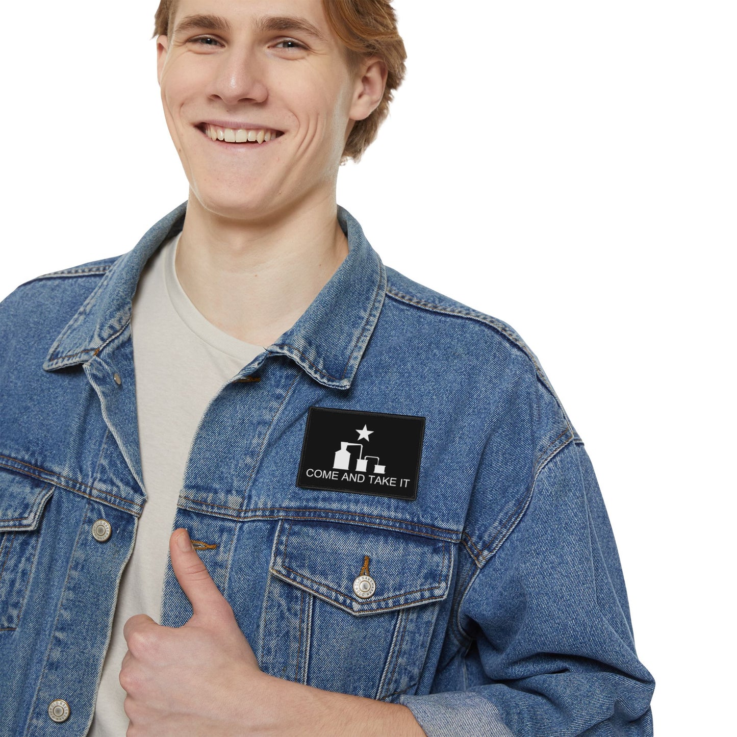 Come And Take It Moonshine Still Parody Iron-On Patch - Black w/ White Logo