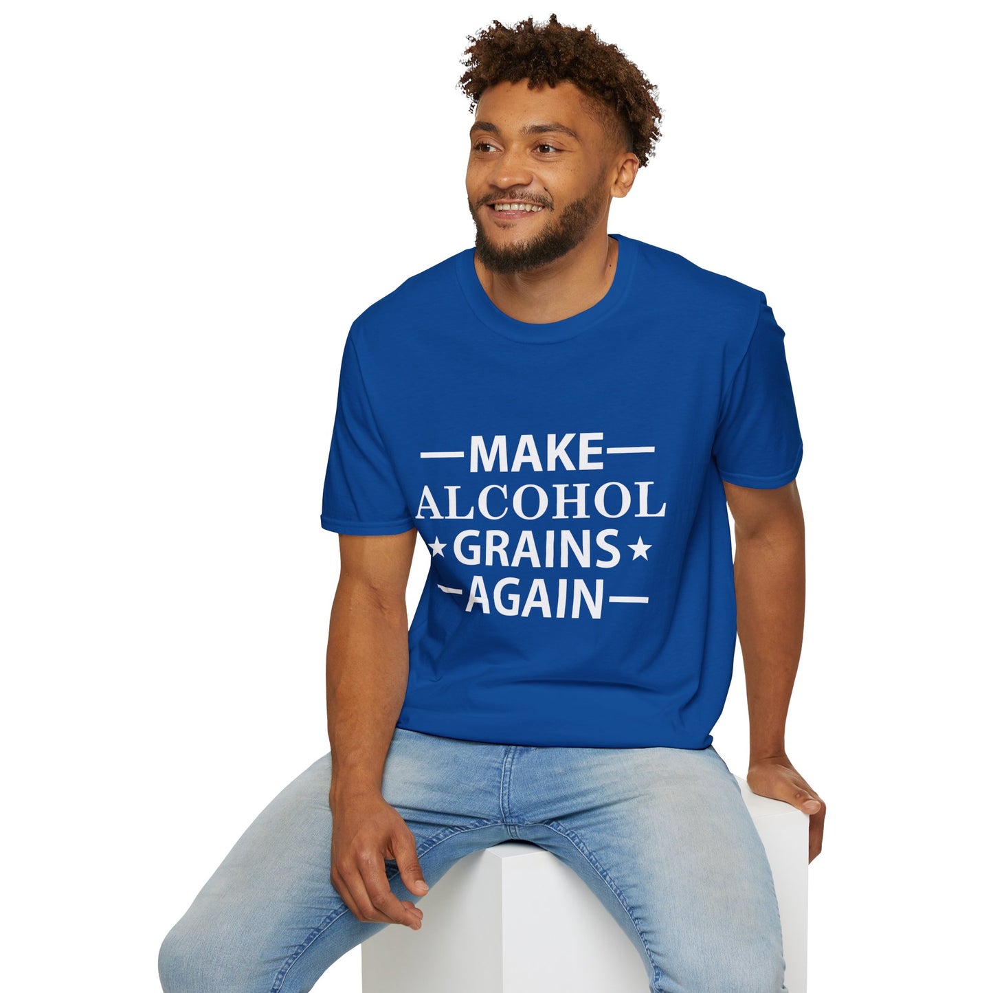 Make Alcohol Grains Again Parody Moonshine & Home Distilling Softstyle Tee T-Shirt