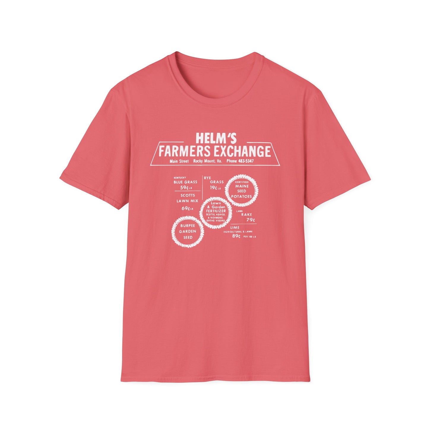 Helms Farmers Exchange (Moonshine History) Vintage-style Front & Back Print Softstyle Tee T-Shirt
