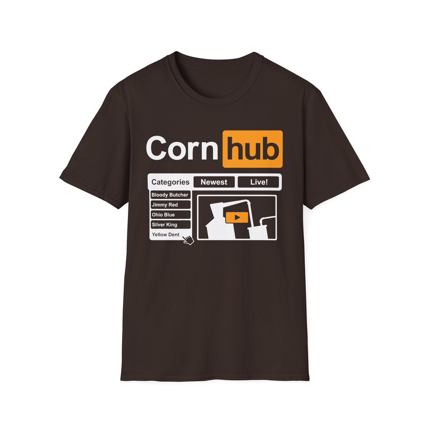 Corn Hub Adult Parody Moonshiner & Hobbyist Distiller Softstyle Tee T-Shirt