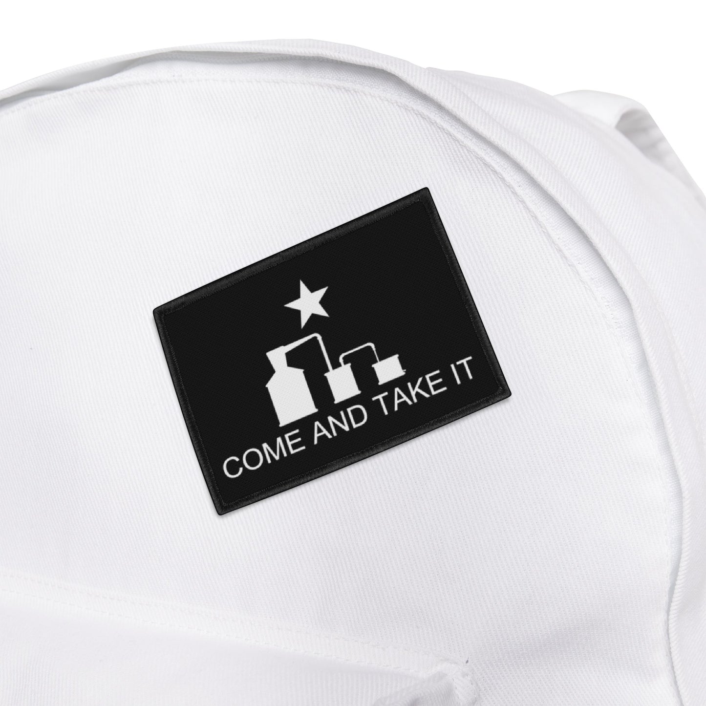 Come And Take It Moonshine Still Parody Iron-On Patch - Black w/ White Logo