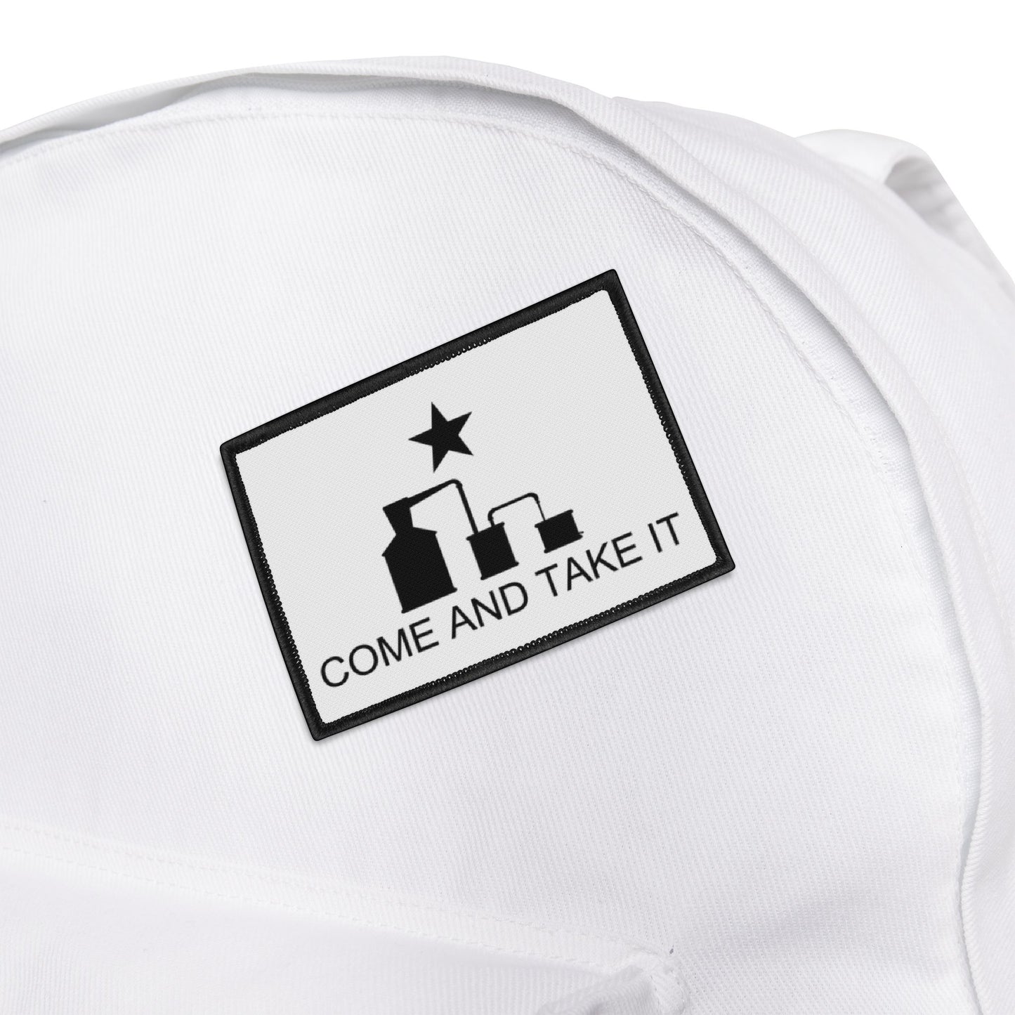 Come And Take It Moonshine Still Parody Iron-On Patch - White w/ Black Logo