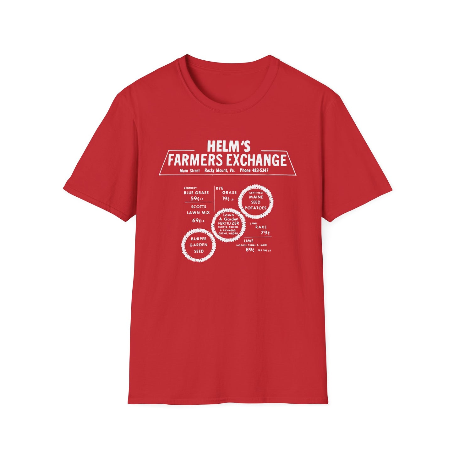 Helms Farmers Exchange (Moonshine History) Vintage-style Front & Back Print Softstyle Tee T-Shirt