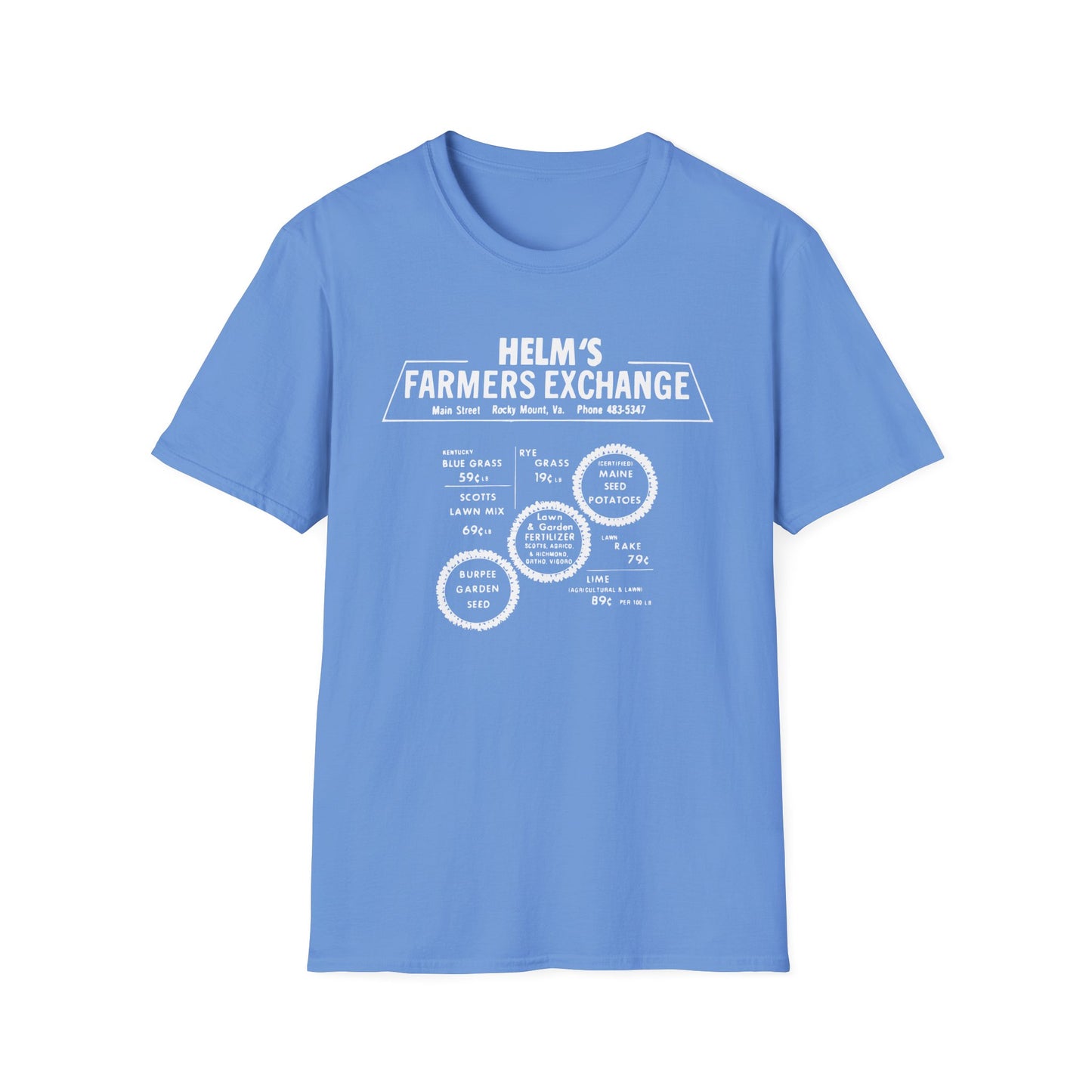 Helms Farmers Exchange (Moonshine History) Vintage-style Front & Back Print Softstyle Tee T-Shirt