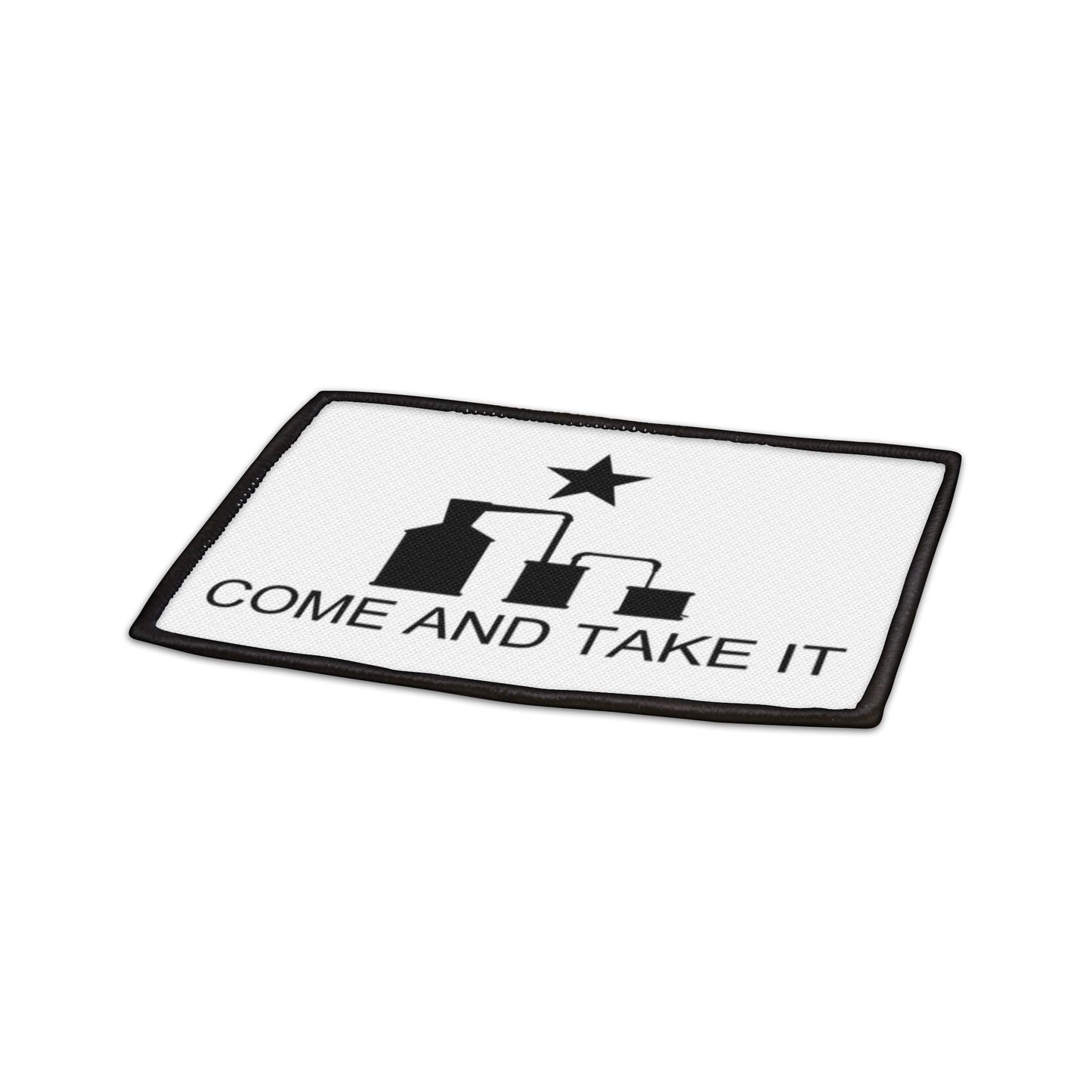 Come And Take It Moonshine Still Parody Iron-On Patch - White w/ Black Logo