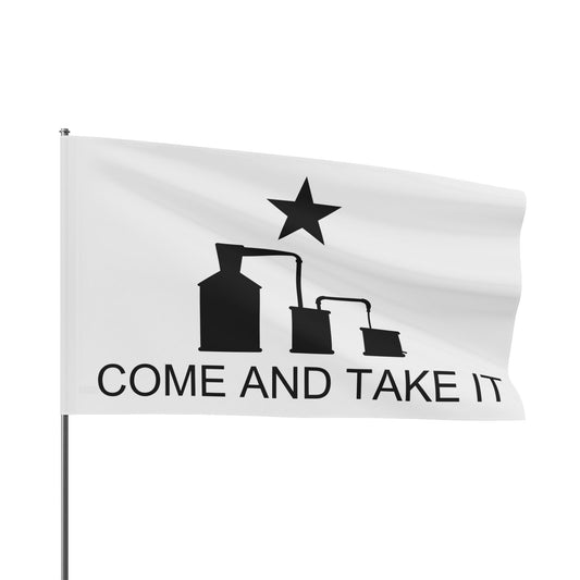 Come and Take It Moonshine Still Parody Flag - White Flag w/ Black Logo