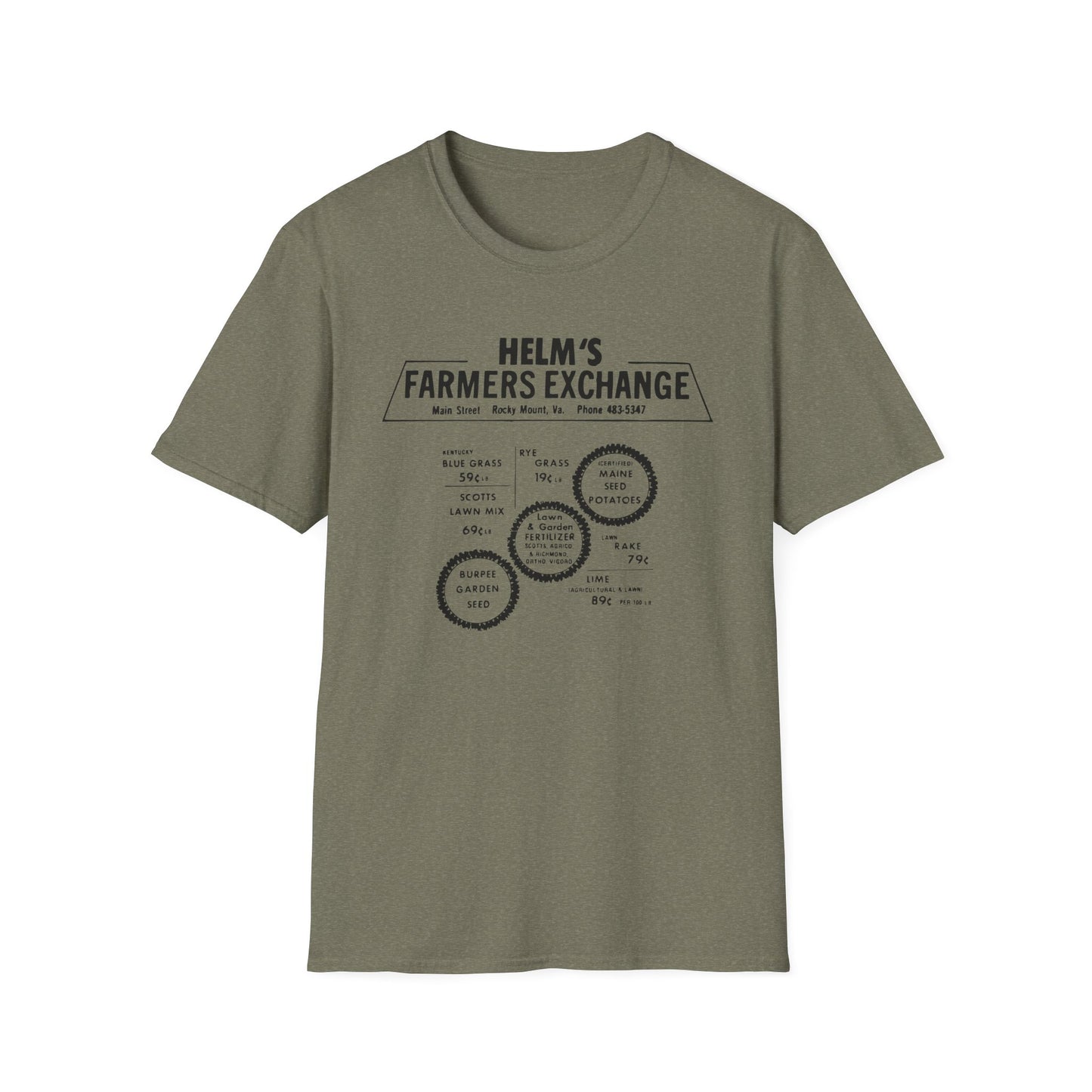 Helms Farmers Exchange (Moonshine History) Vintage-style Front & Back Print Softstyle Tee T-Shirt