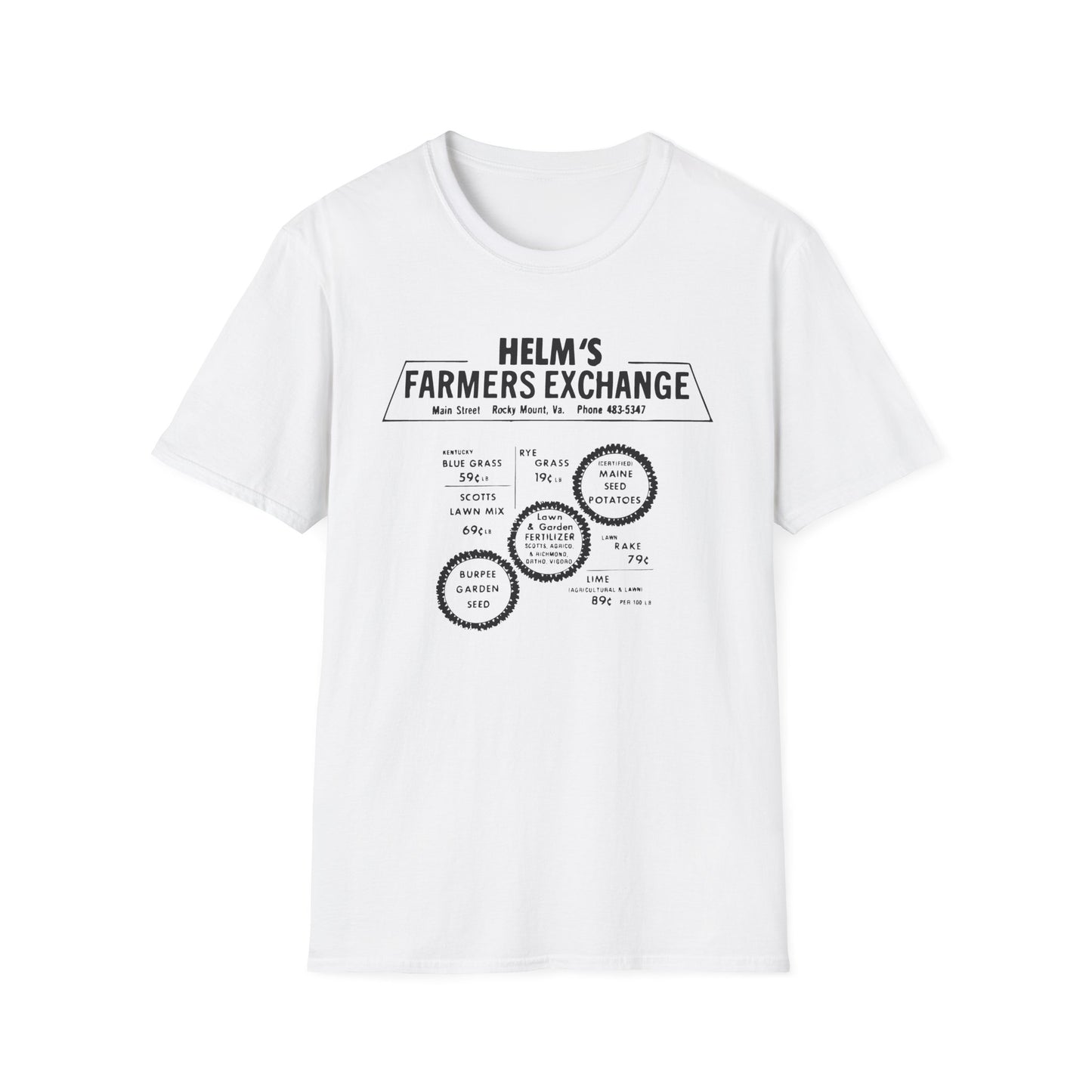 Helms Farmers Exchange (Moonshine History) Vintage-style Front & Back Print Softstyle Tee T-Shirt