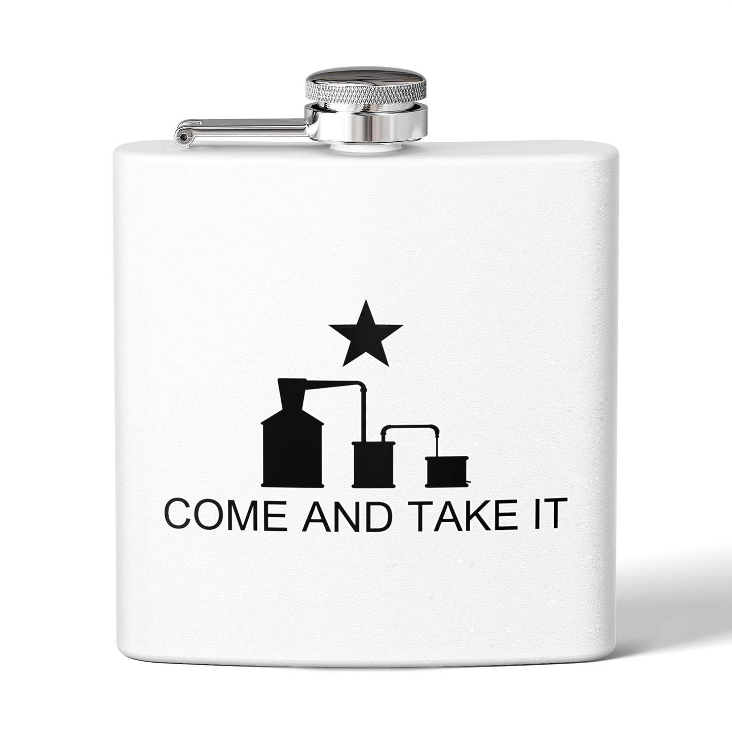 Come and Take It Moonshine Still Parody 6oz Stainless Steel Flask - Multiple Colors!