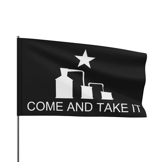 Come and Take It Moonshine Still Parody Flag - Black Flag w/ White Logo