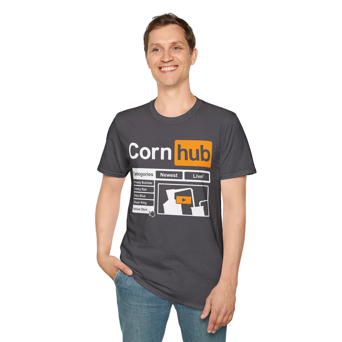 Corn Hub Adult Parody Moonshiner & Hobbyist Distiller Softstyle Tee T-Shirt