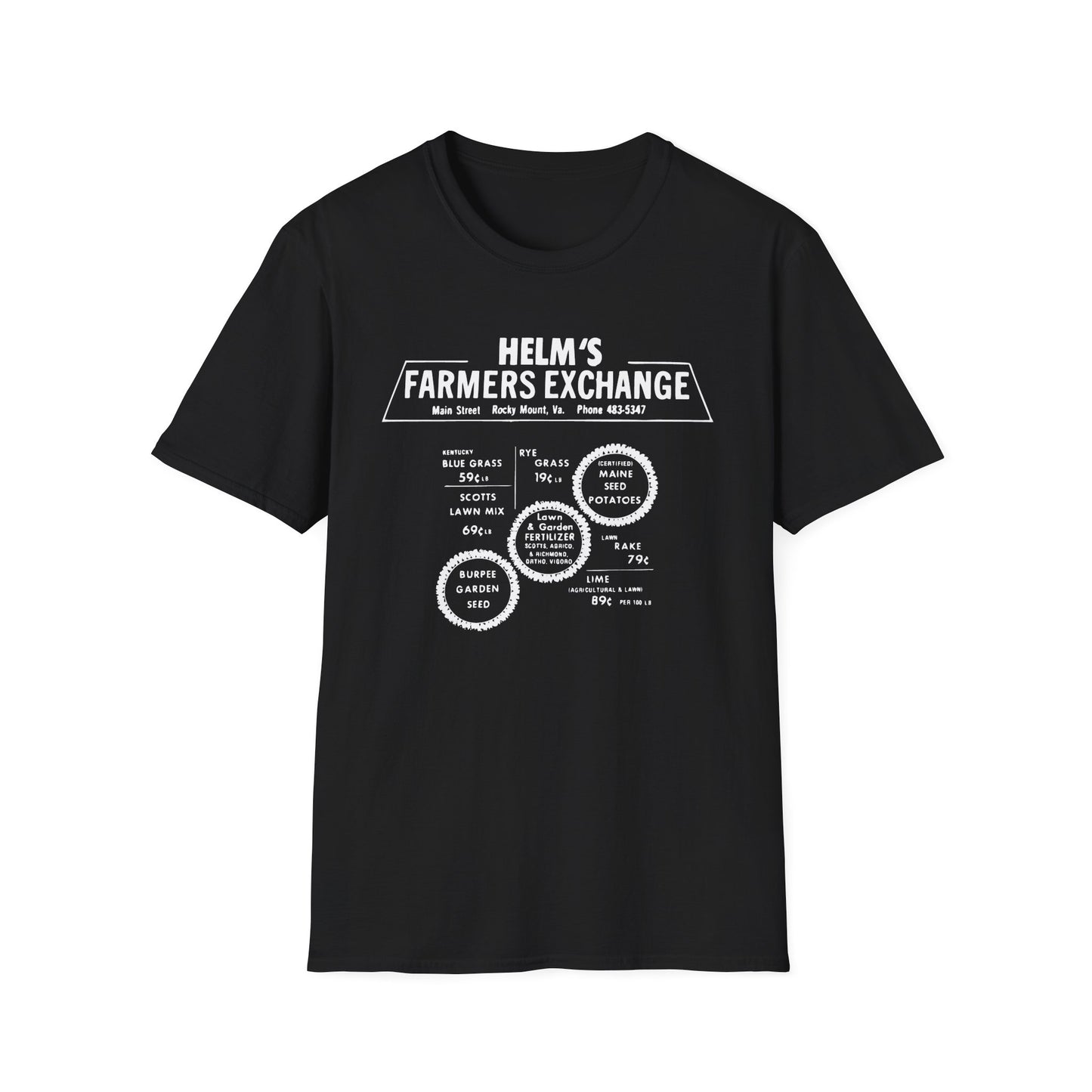 Helms Farmers Exchange (Moonshine History) Vintage-style Front & Back Print Softstyle Tee T-Shirt