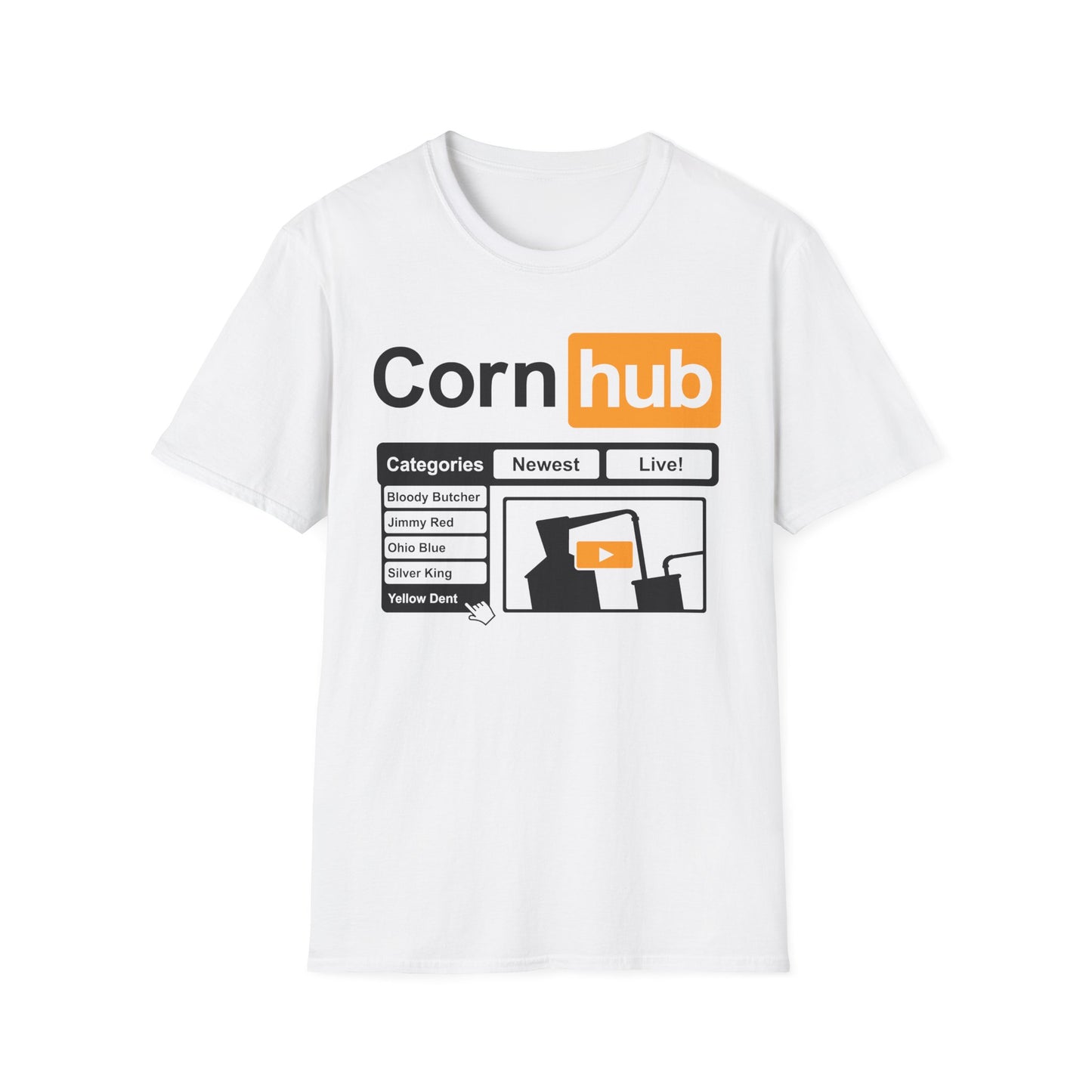 Corn Hub Adult Parody Moonshiner & Hobbyist Distiller Softstyle Tee T-Shirt