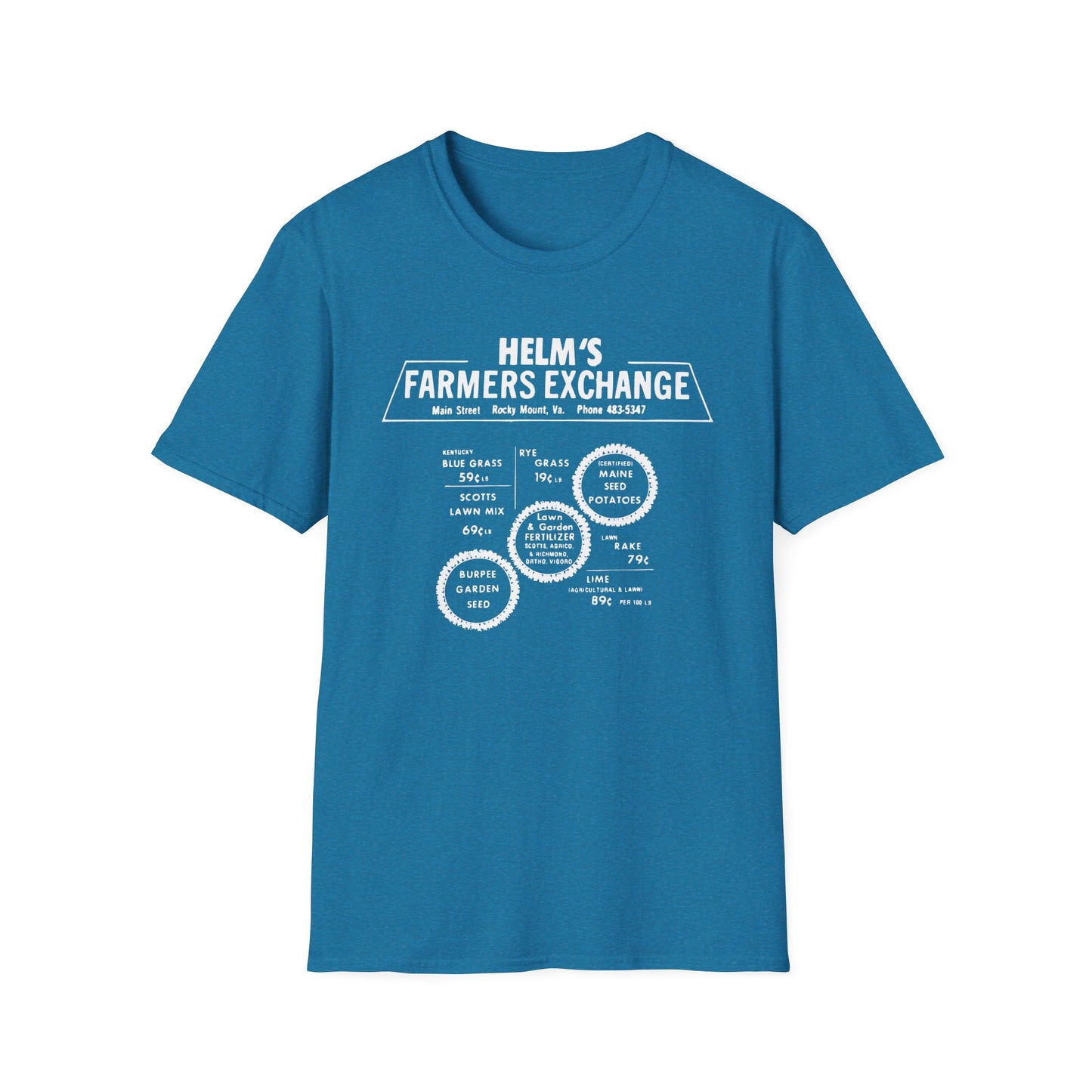 Helms Farmers Exchange (Moonshine History) Vintage-style Front & Back Print Softstyle Tee T-Shirt