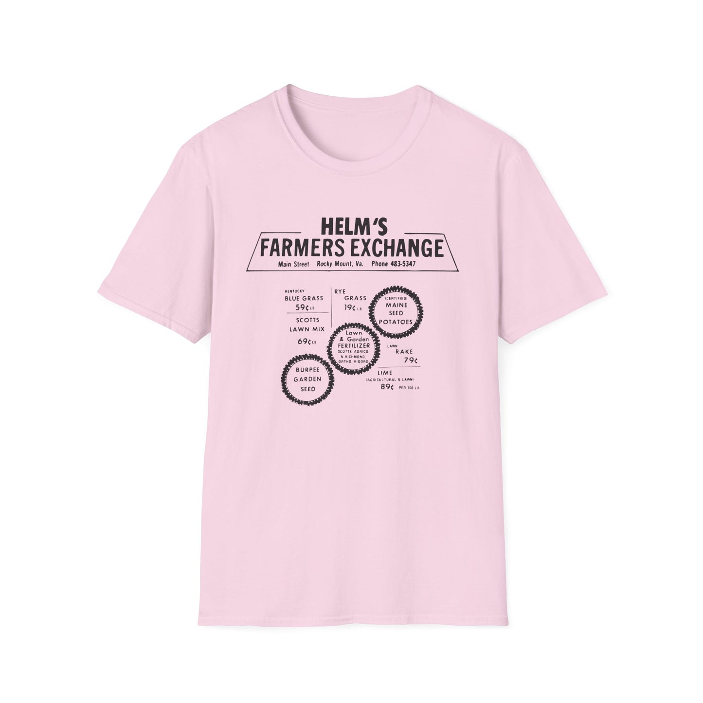 Helms Farmers Exchange (Moonshine History) Vintage-style Front & Back Print Softstyle Tee T-Shirt
