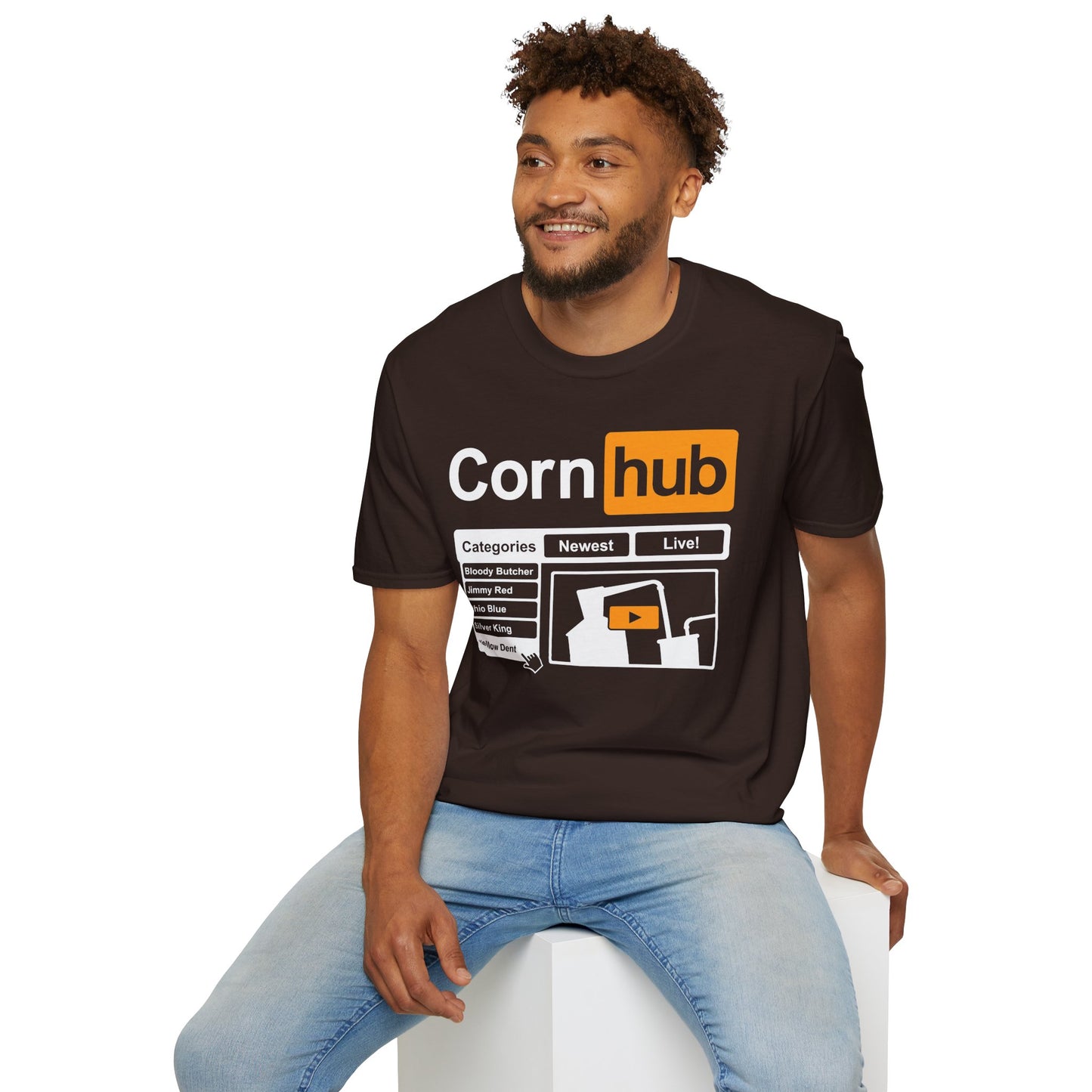 Corn Hub Adult Parody Moonshiner & Hobbyist Distiller Softstyle Tee T-Shirt