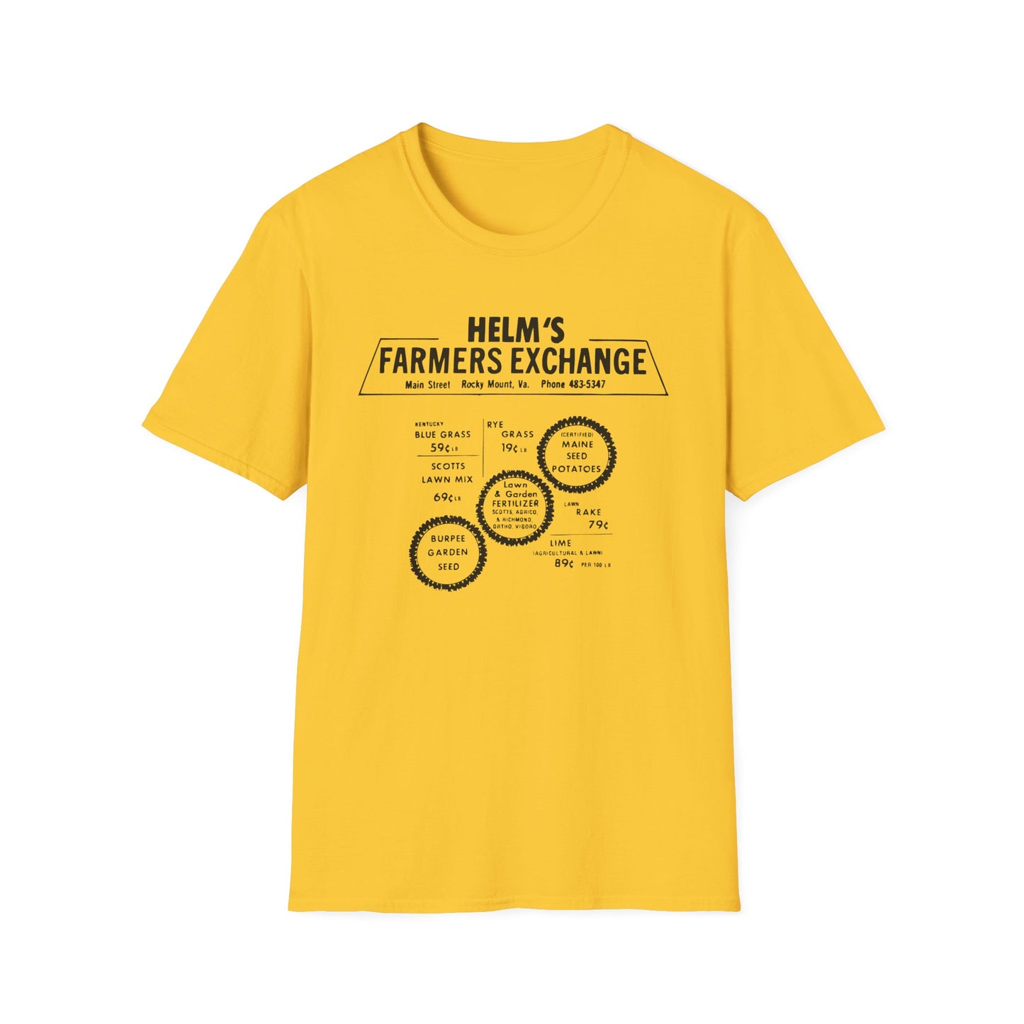 Helms Farmers Exchange (Moonshine History) Vintage-style Front & Back Print Softstyle Tee T-Shirt