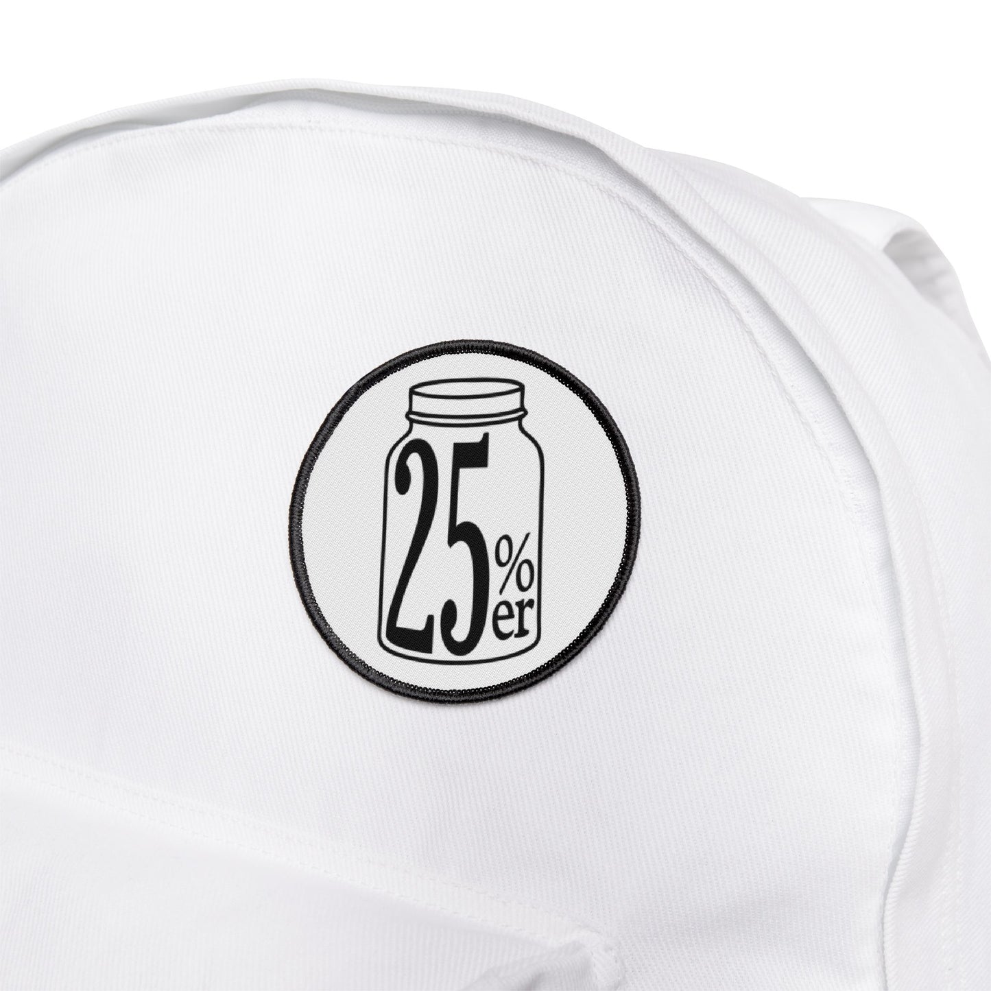 Moonshiner & Bootlegger 25%er Iron-On Patches - (4) Different Shapes - White w/ Black Logo