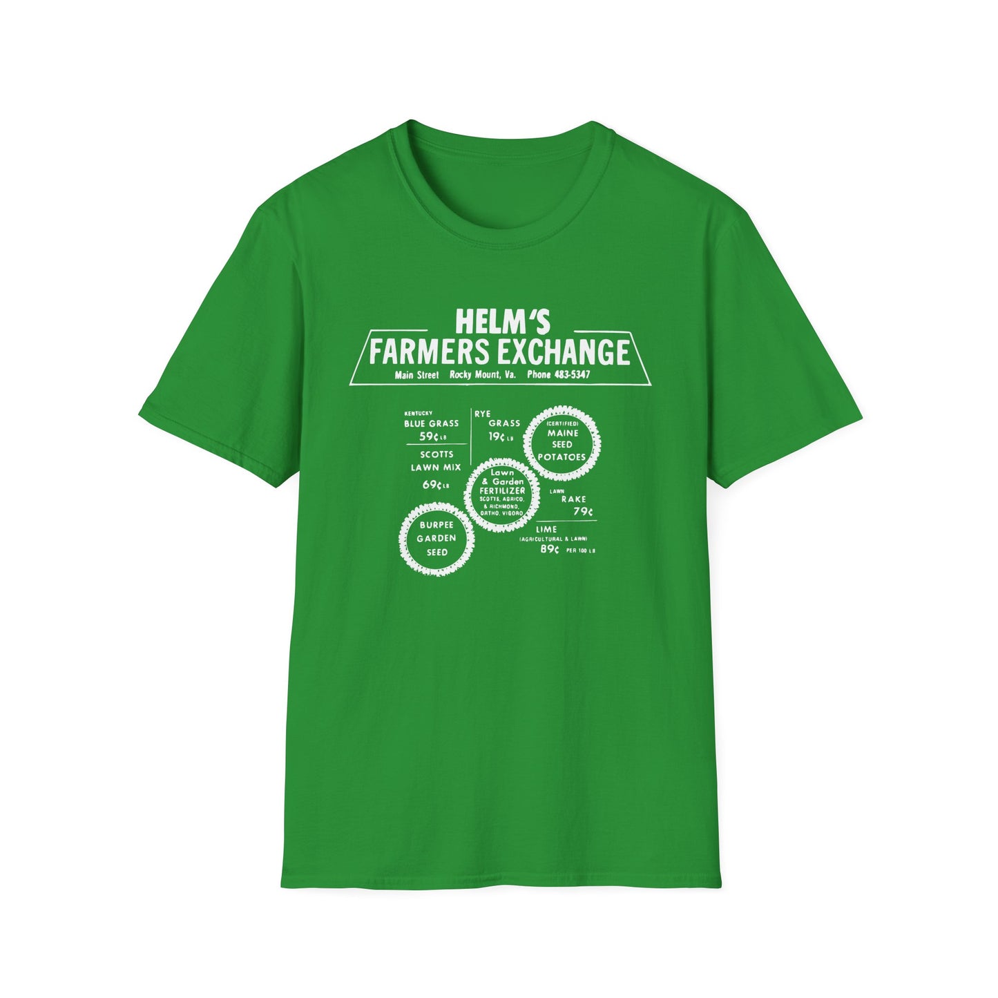 Helms Farmers Exchange (Moonshine History) Vintage-style Front & Back Print Softstyle Tee T-Shirt