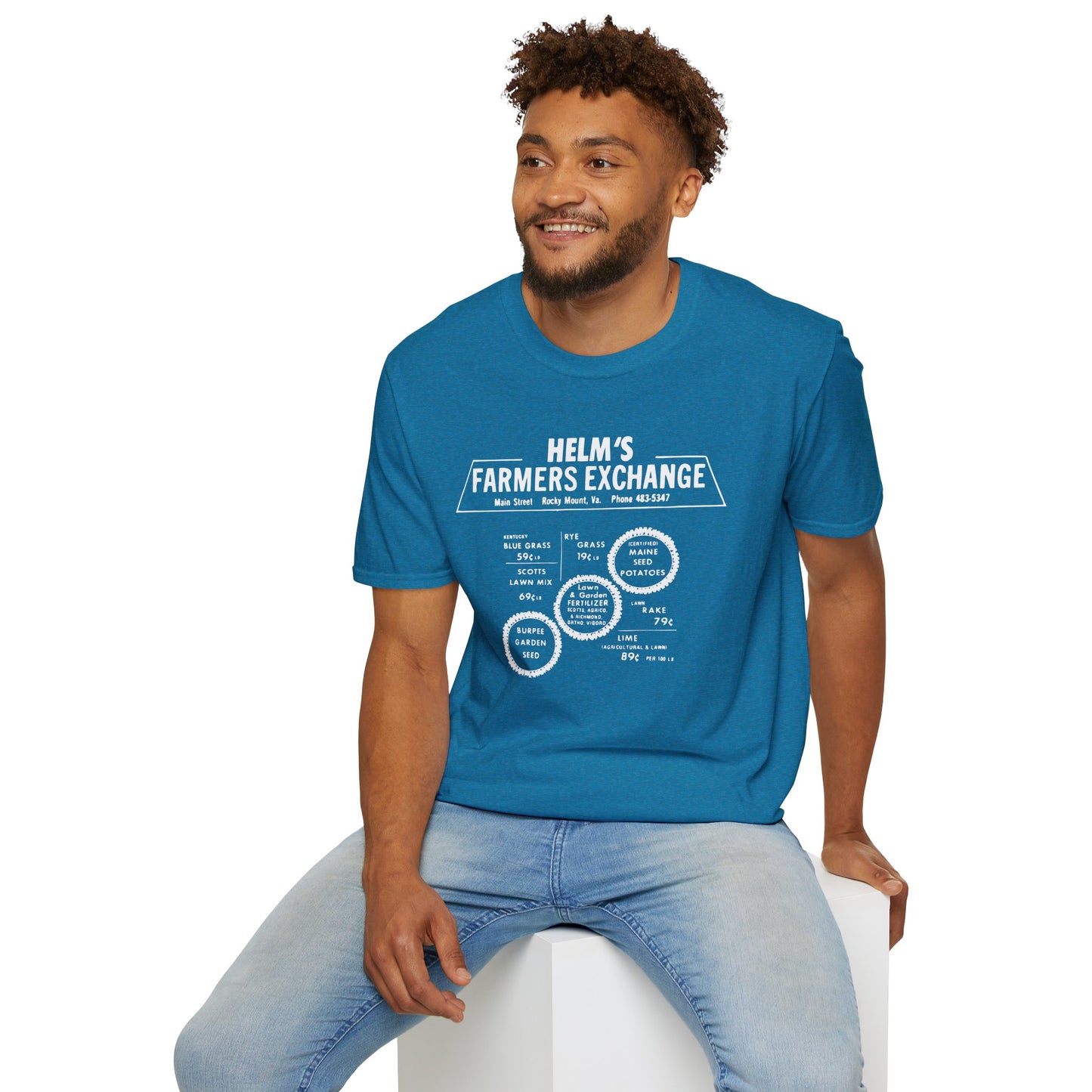 Helms Farmers Exchange (Moonshine History) Vintage-style Front & Back Print Softstyle Tee T-Shirt