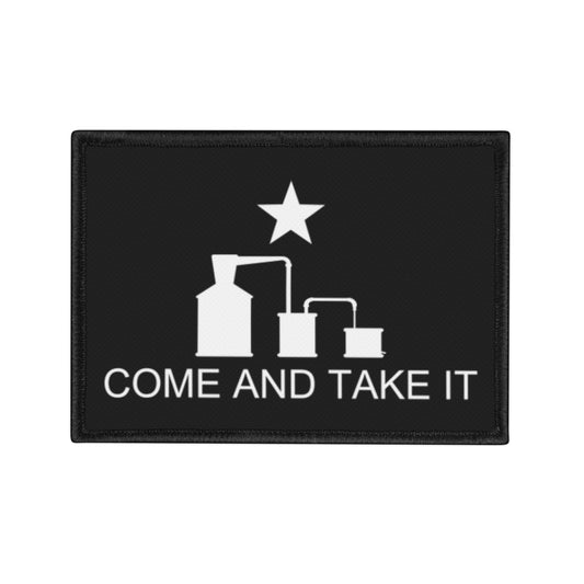 Come And Take It Moonshine Still Parody Iron-On Patch - Black w/ White Logo