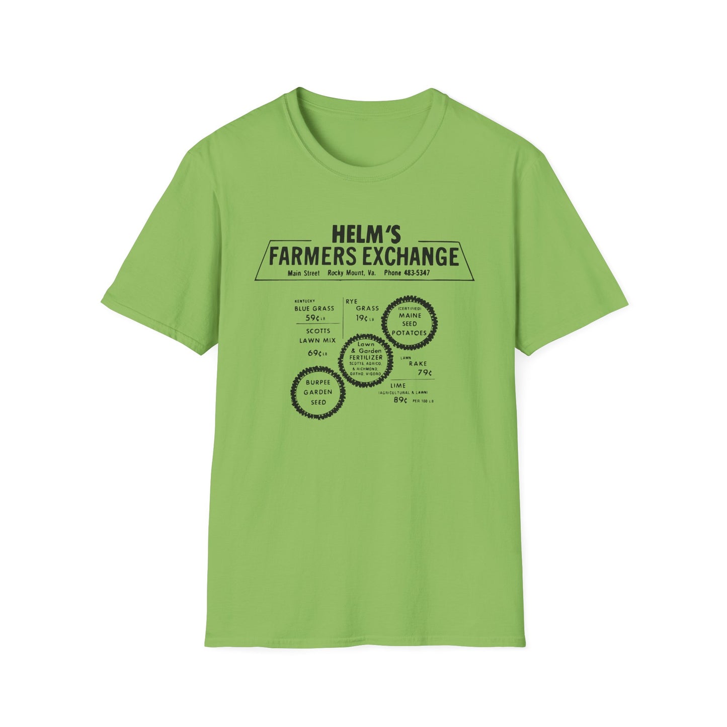 Helms Farmers Exchange (Moonshine History) Vintage-style Front & Back Print Softstyle Tee T-Shirt
