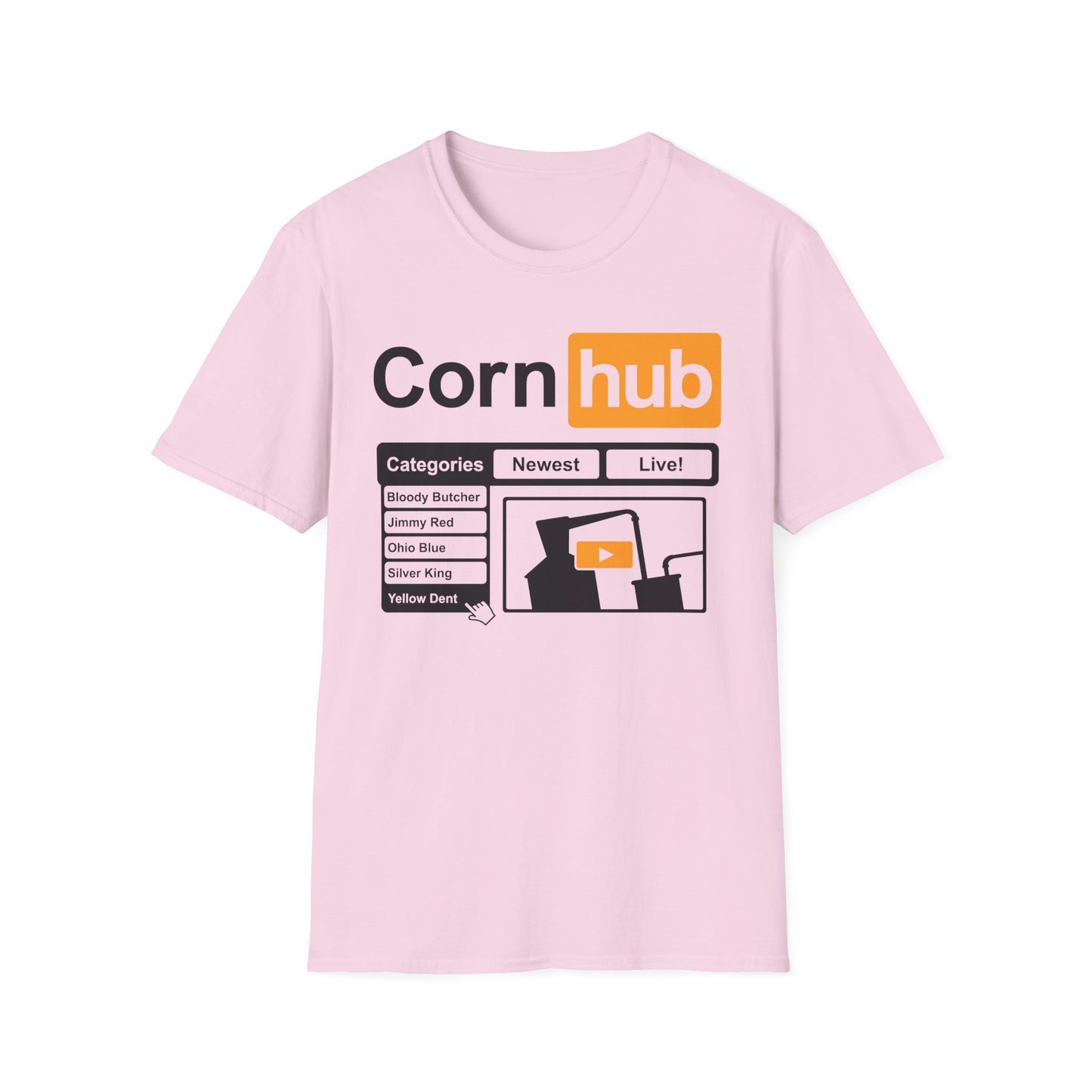 Corn Hub Adult Parody Moonshiner & Hobbyist Distiller Softstyle Tee T-Shirt