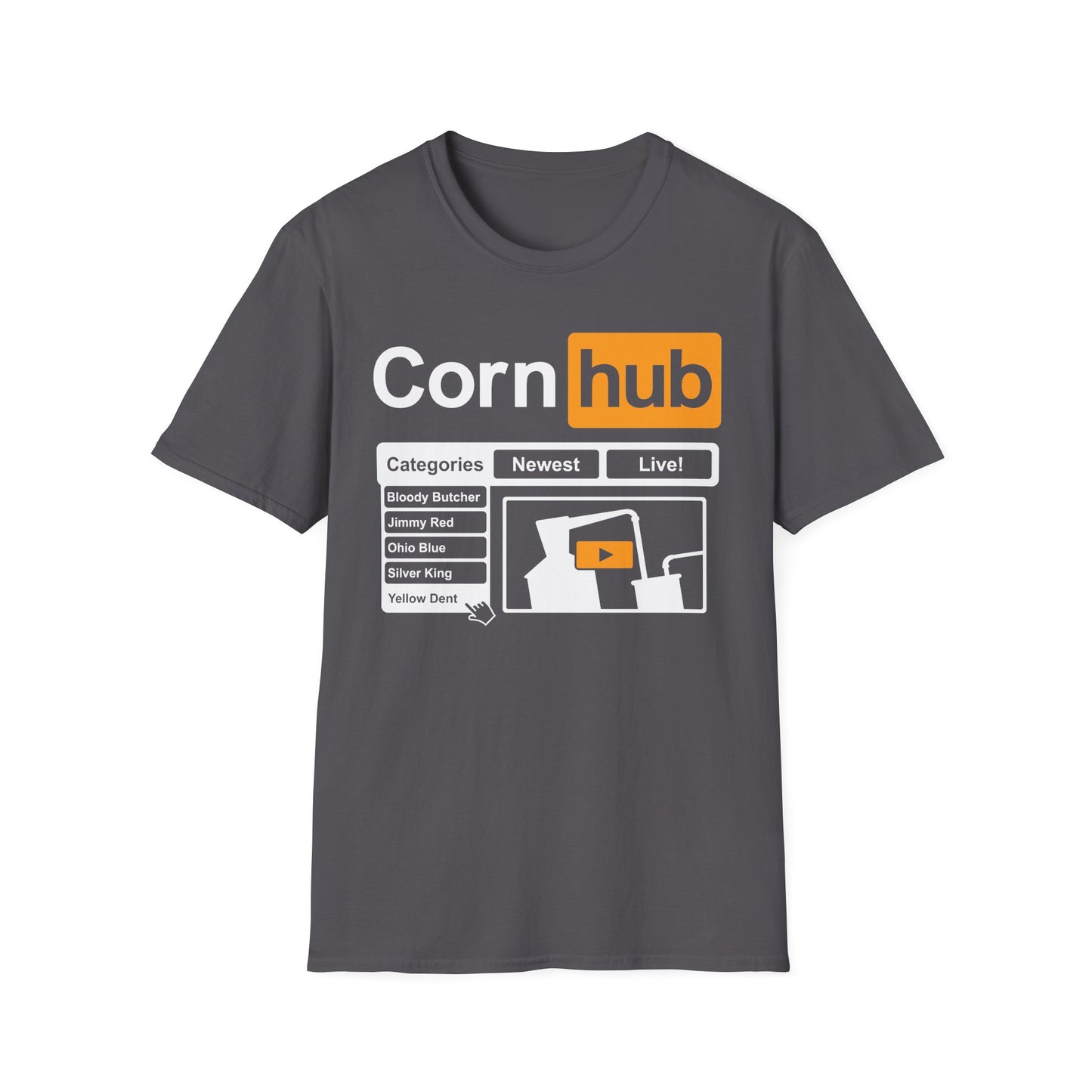 Corn Hub Adult Parody Moonshiner & Hobbyist Distiller Softstyle Tee T-Shirt