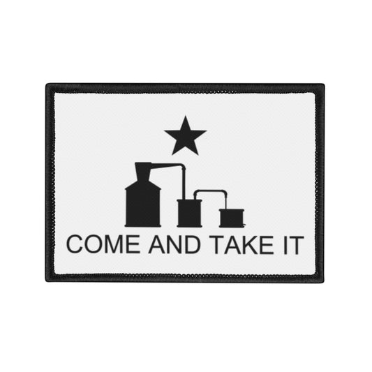 Come And Take It Moonshine Still Parody Iron-On Patch - White w/ Black Logo